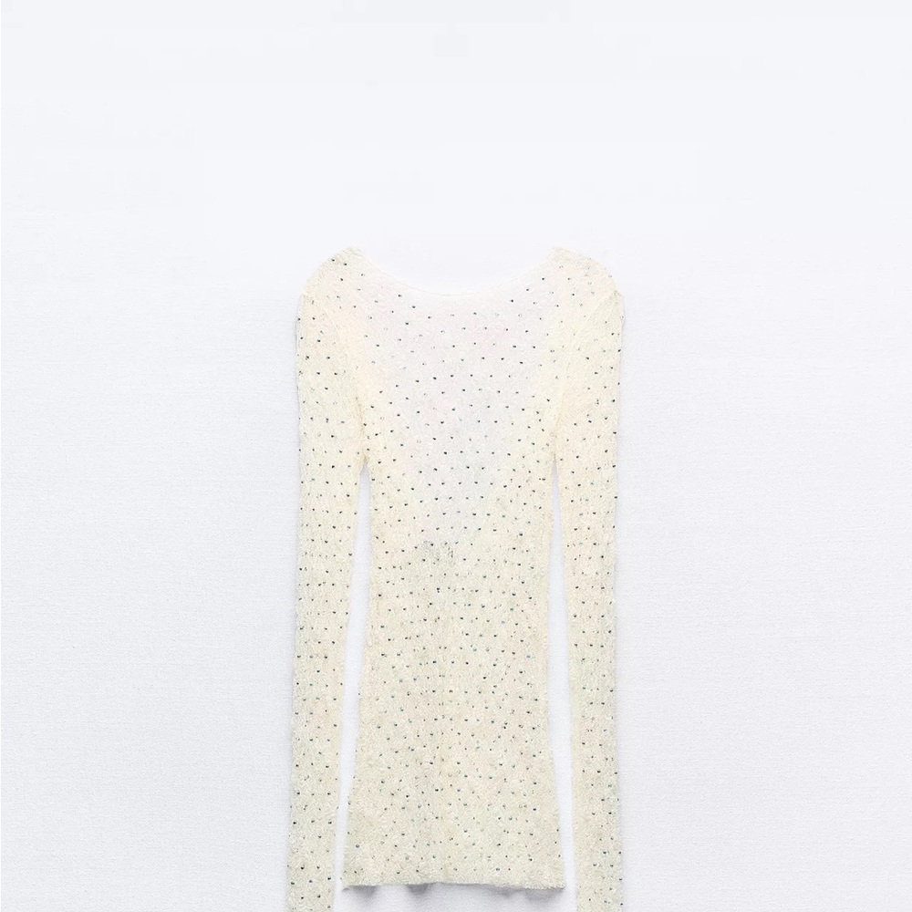 Cream Sparkly Lace Open-back Long-Sleeve Top